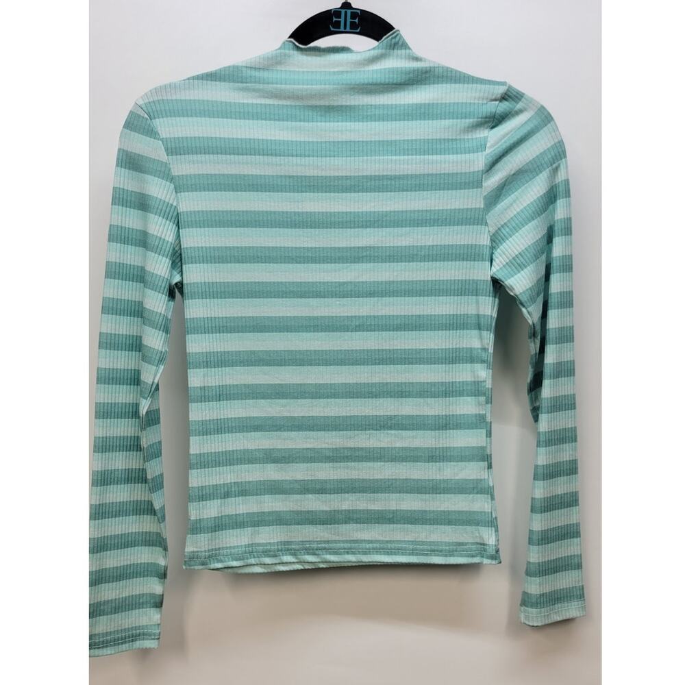 Cali Be Women's Striped Ribbed Mock Neck Long Sleeve Top in Light Blue XL